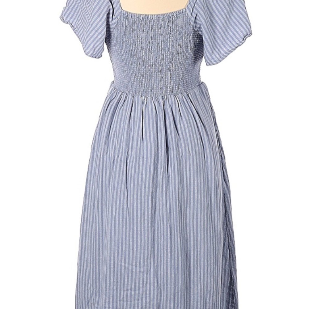 Madewell Lucie Blue Striped Shirred Women's Midi Dress - Picture 2 of 5